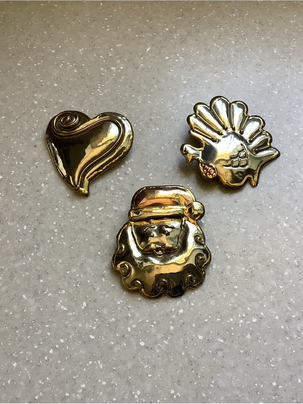 Set of 3 Vintage Handcrafted Brooches Pendants Gold Silver Santa, Heart, Turkey